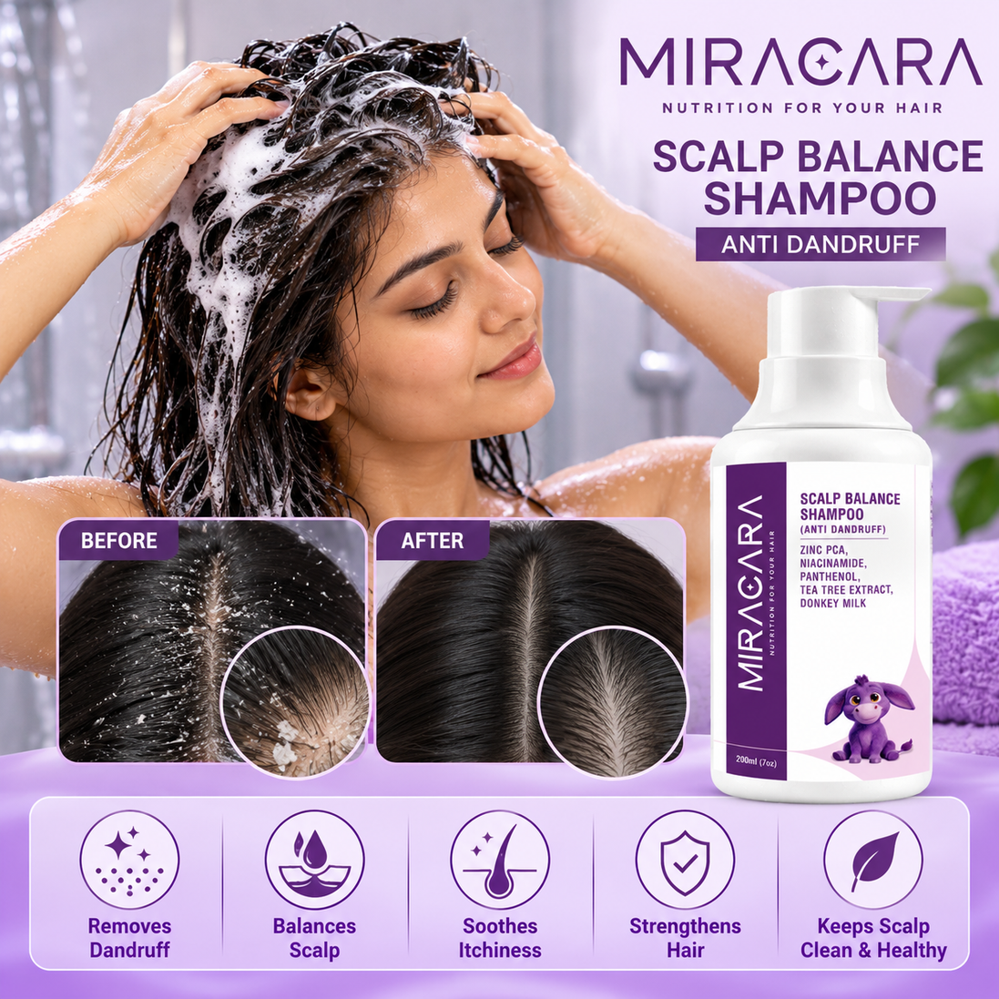 Miracara Scalp Balance Anti-Dandruff Shampoo with Zinc Pyrithione, Climbazole, Salicylic Acid, Zinc PCA, Tea Tree Oil & Donkey Milk | Dandruff & Flake Care, Oil Balance & Scalp Refresh