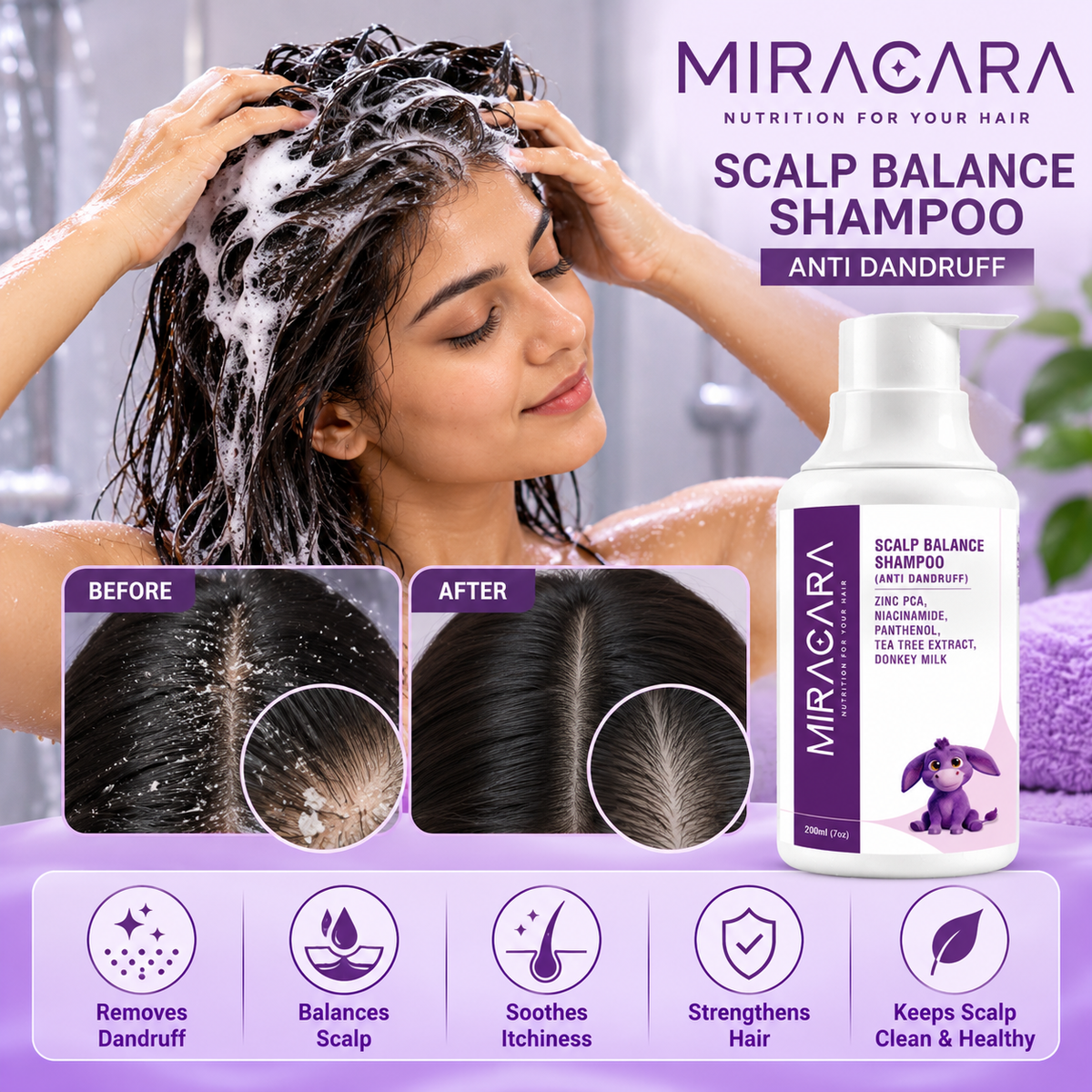 Miracara Scalp Balance Anti-Dandruff Shampoo with Zinc Pyrithione, Climbazole, Salicylic Acid, Zinc PCA, Tea Tree Oil & Donkey Milk | Dandruff & Flake Care, Oil Balance & Scalp Refresh