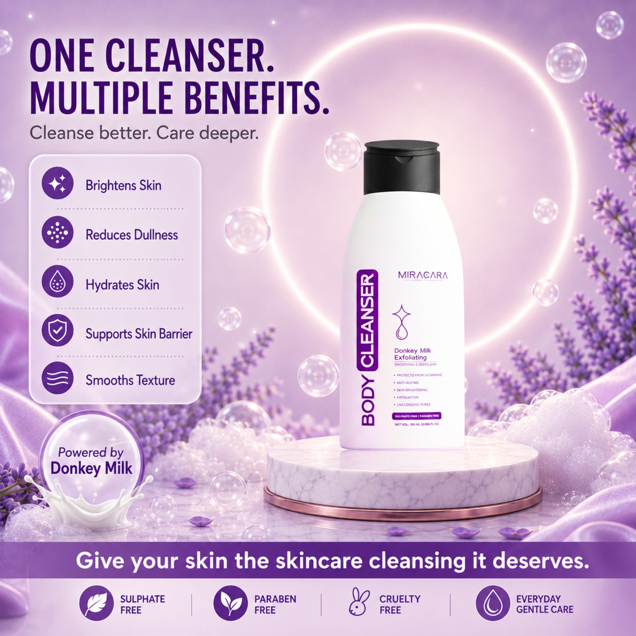 Miracara Body Cleanser - 150 ml  Exfoliating & Deep Clean | Smoothing + Brightening | UV Protection | Sulphate & Paraben Free | With Vitamin A/C/E | For Women & Men