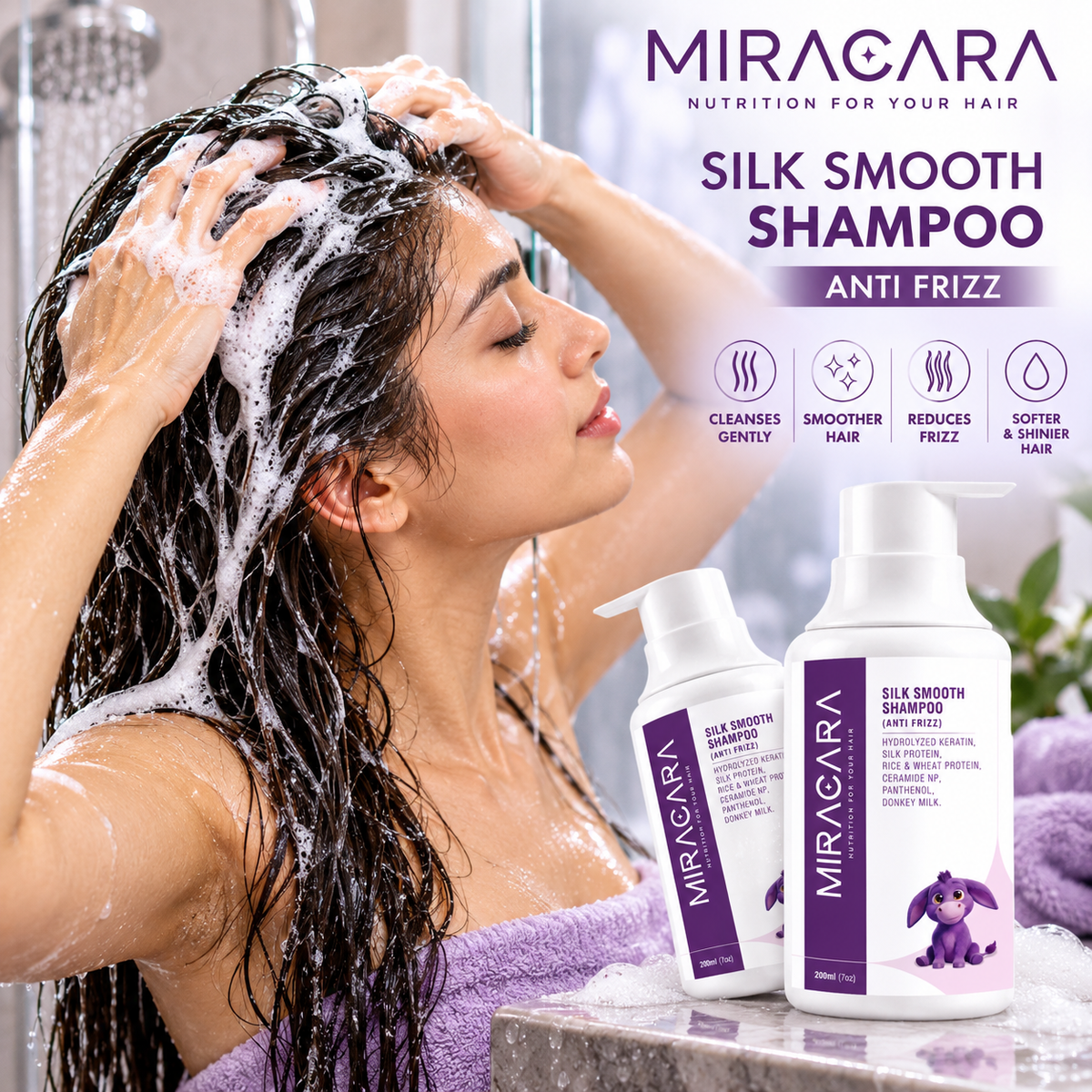 Miracara Silk Smooth Frizz Control Shampoo with Donkey Milk, Hydrolyzed Keratin, Silk Protein, Rice & Wheat Protein, Ceramide NP & Panthenol | Frizz Control, Smoothness, Shine & Breakage Care