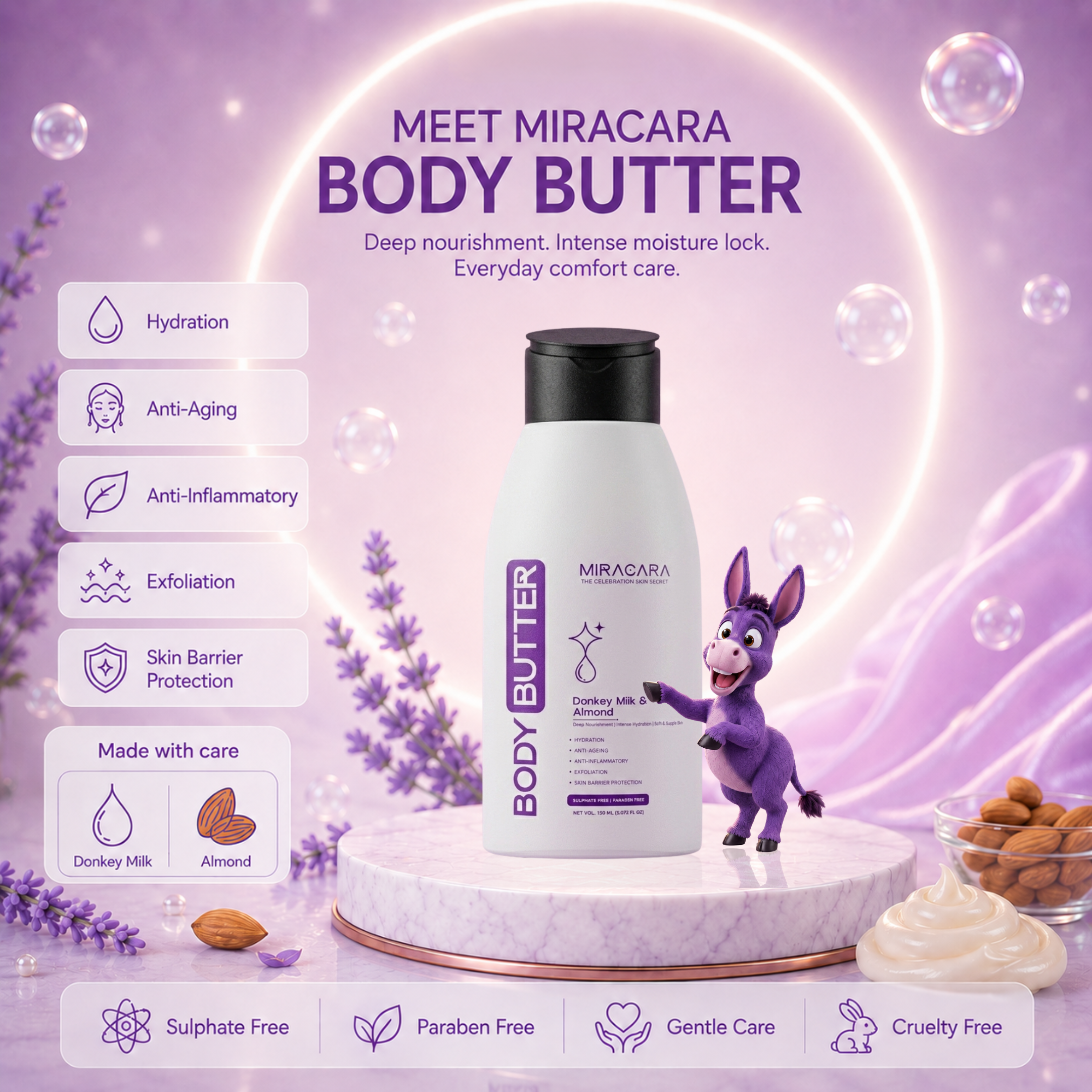 Miracara Body Butter - 150ml | Deep Nourishment with Almond Oil | Intense Hydration for Dry, Sensitive Skin | Anti-Aging & Anti-Inflammatory | Sulfate & Paraben Free | Luxurious Cleopatra-Inspired Skincare