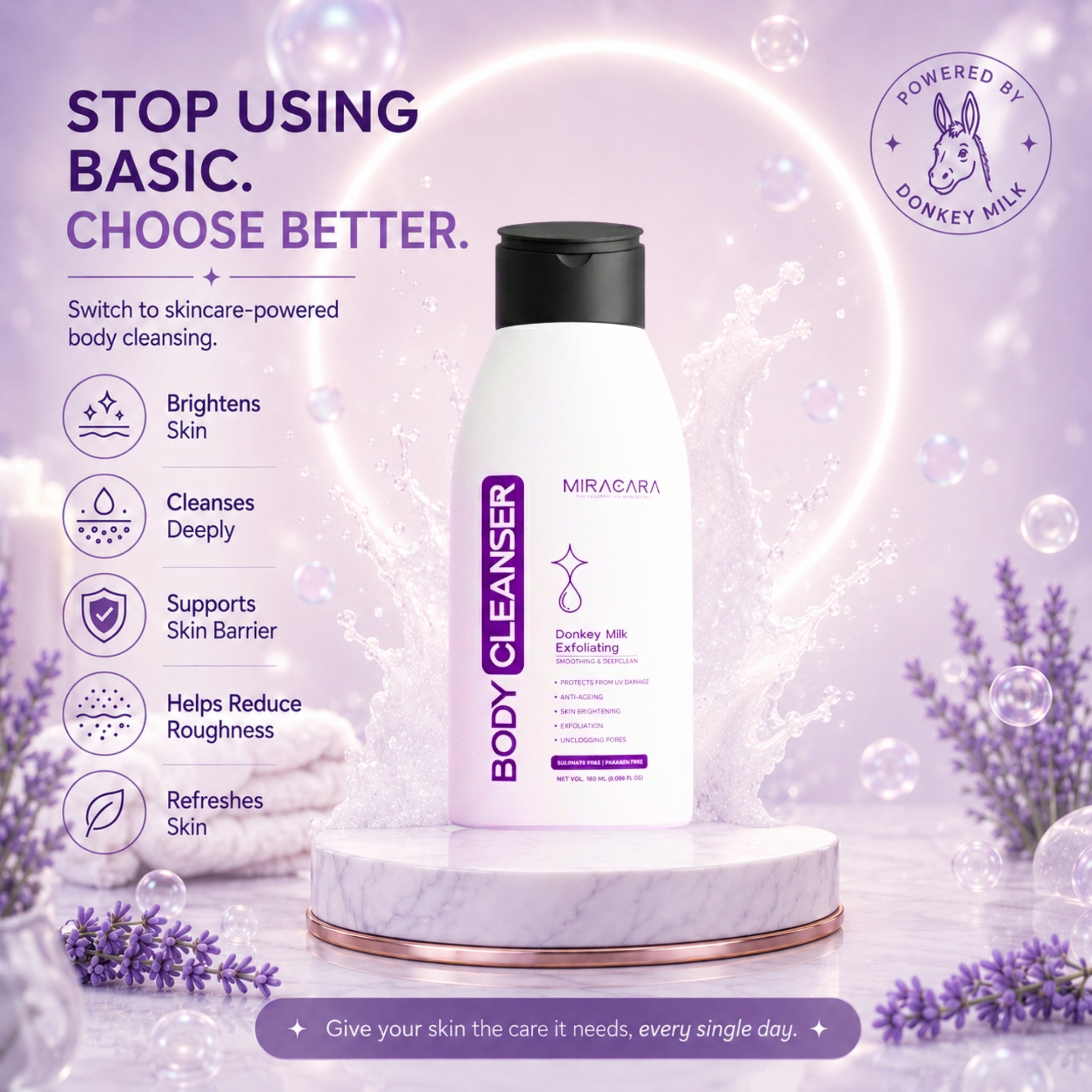 Miracara Body Cleanser - 150 ml  Exfoliating & Deep Clean | Smoothing + Brightening | UV Protection | Sulphate & Paraben Free | With Vitamin A/C/E | For Women & Men