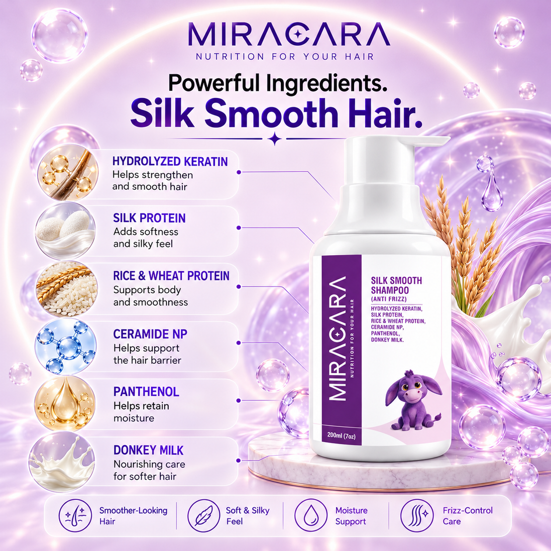 Miracara Silk Smooth Frizz Control Shampoo with Donkey Milk, Hydrolyzed Keratin, Silk Protein, Rice & Wheat Protein, Ceramide NP & Panthenol | Frizz Control, Smoothness, Shine & Breakage Care