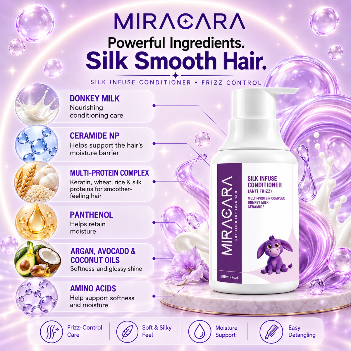 Miracara Silk Infuse Frizz Control Conditioner with Donkey Milk, Ceramide NP, Keratin, Silk, Rice & Wheat Proteins | Hydration, Softness, Shine & Frizz Control