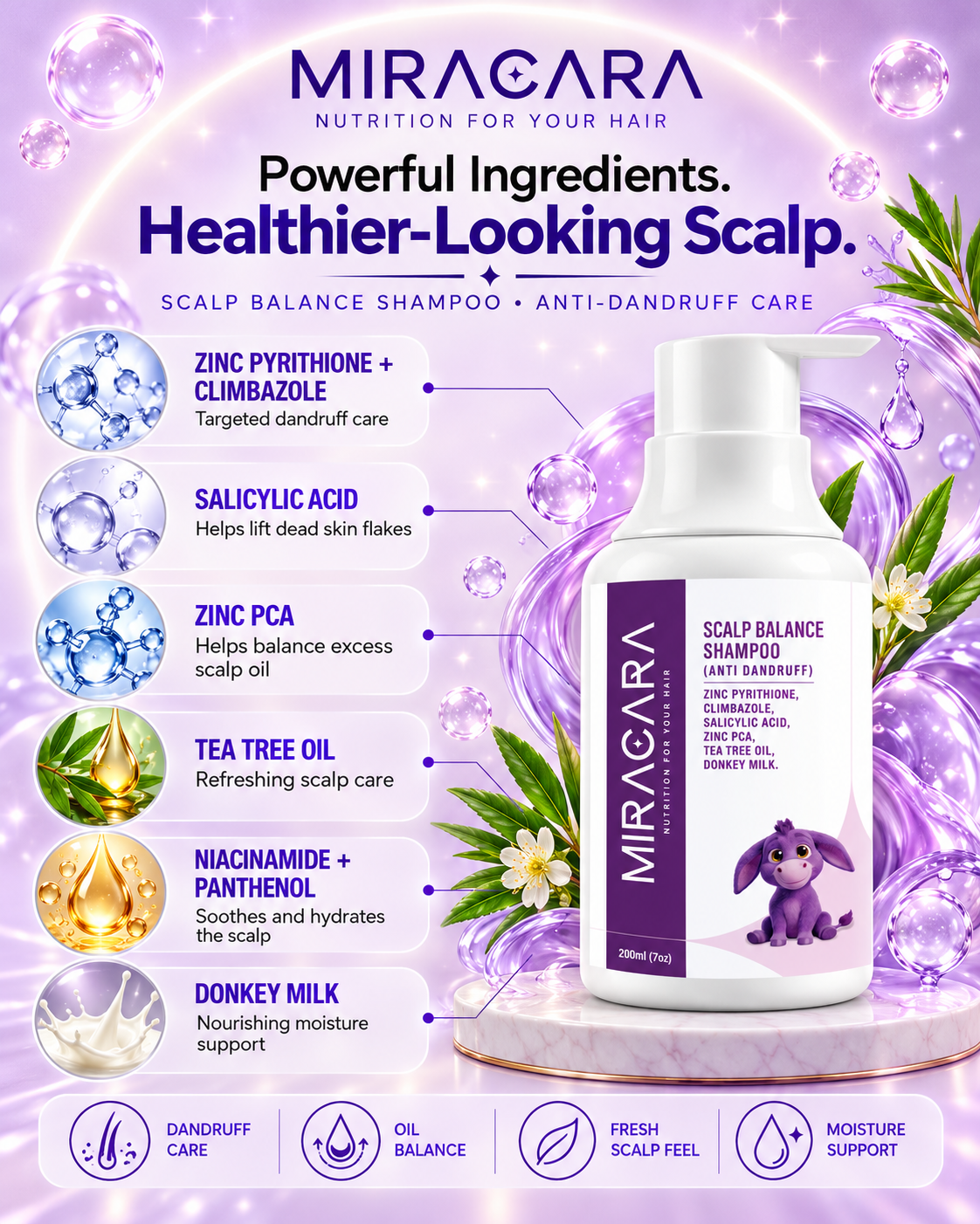 Miracara Scalp Balance Anti-Dandruff Shampoo with Zinc Pyrithione, Climbazole, Salicylic Acid, Zinc PCA, Tea Tree Oil & Donkey Milk | Dandruff & Flake Care, Oil Balance & Scalp Refresh