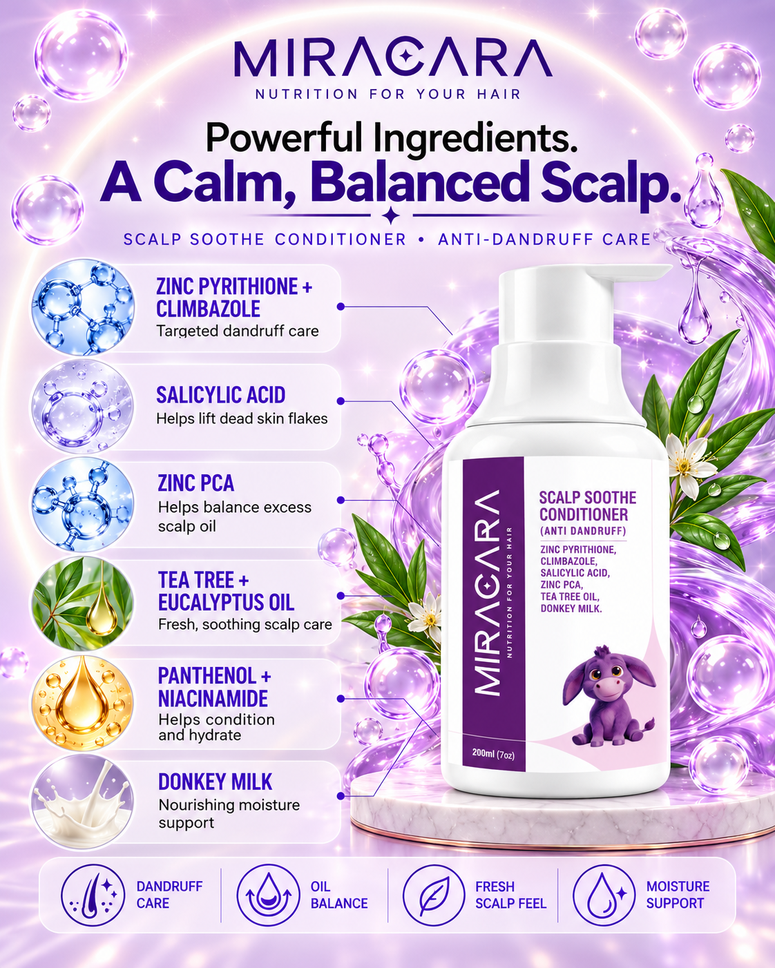 Miracara Scalp Soothe Anti-Dandruff Conditioner with Zinc Pyrithione, Climbazole, Salicylic Acid, Zinc PCA, Tea Tree Oil & Donkey Milk | Flake Care, Scalp Comfort, Oil Balance & Soft Hair