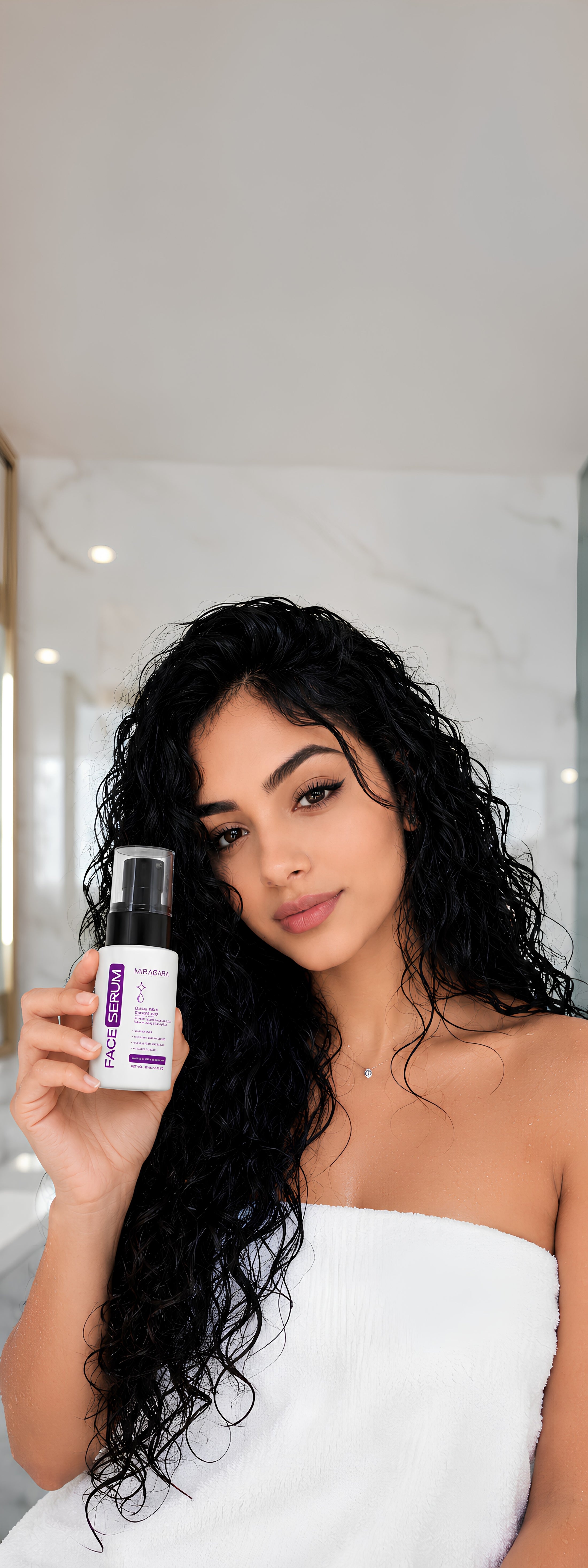 Woman holding a skincare product in front of a mirror